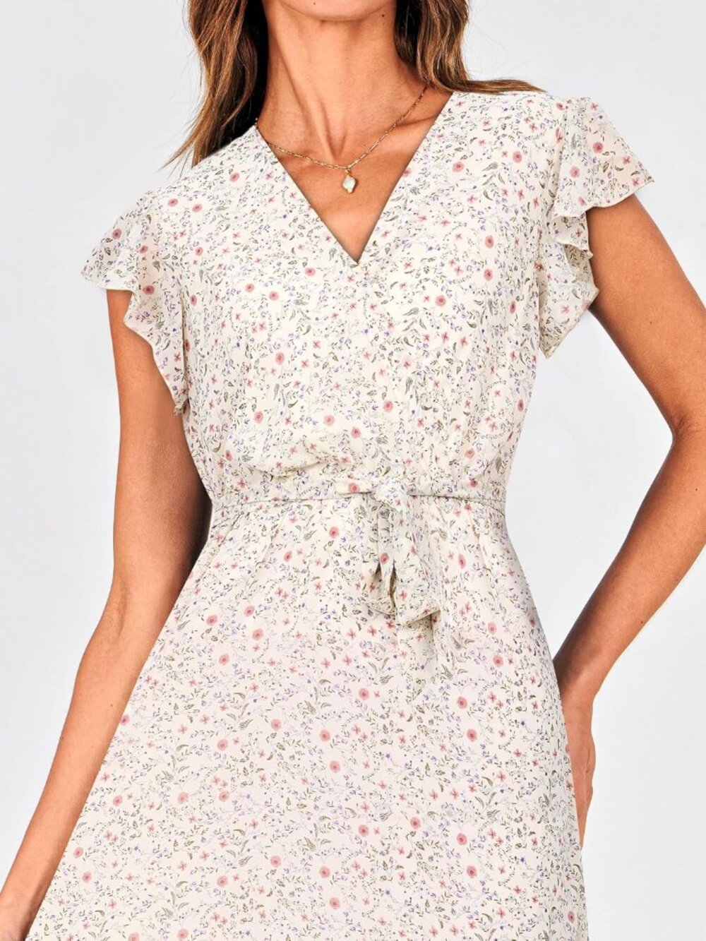 Women Summer Bohemian Floral Casual Wrap V Neck Ruffle Cap Sleeveless Belt A-Lin - Picture 6 of 7